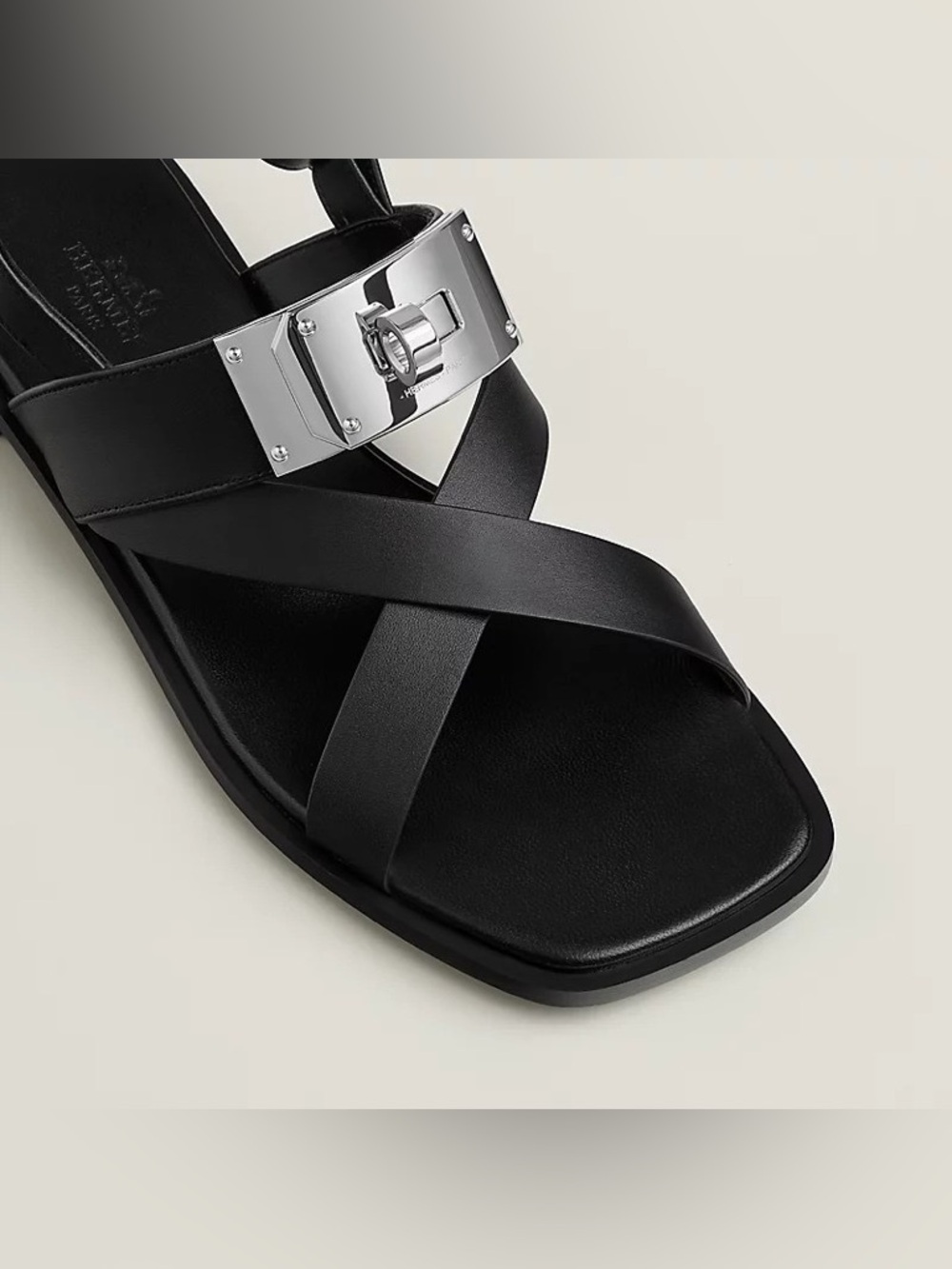 NIB Hermes Ines Sandal Kelly Lock Black Silver Open Toe H Oran - Picture 2 of 6